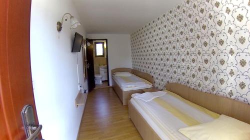a small room with two beds and a bathroom at Pensiunea Lokanta in Daia