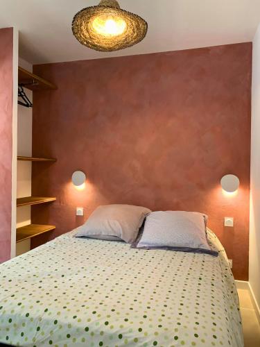 a bedroom with a bed with a brown wall at Studio Moderne Cozy in Ribaute-les-Tavernes
