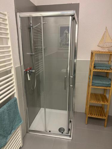 a shower with a glass door in a bathroom at Wohnung am Auepark in Kassel