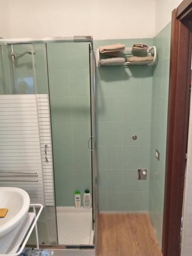 a bathroom with a glass shower and a sink at Lo Studio in Pioltello