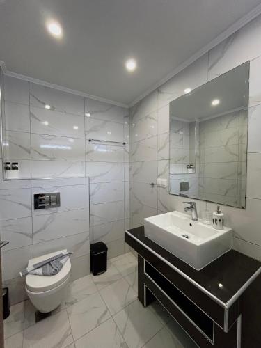 a bathroom with a sink and a toilet and a mirror at Horizon in Pefkochori
