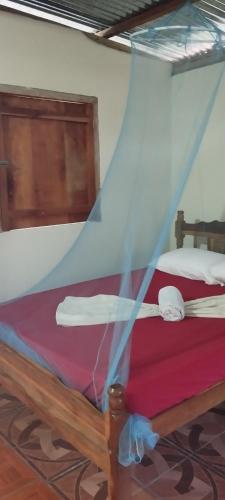 una camera da letto con un letto con zanzariera di El Güis hostel a Balgue