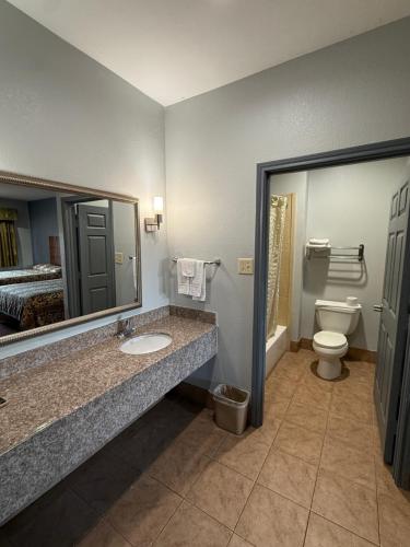a bathroom with a sink and a toilet and a mirror at Budget Host Inn Stafford - Houston in Houston