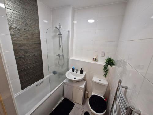 a bathroom with a toilet and a shower and a sink at The Cossy Nook in Bolton