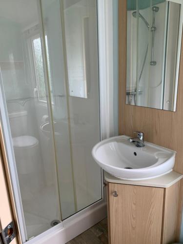 a bathroom with a sink and a shower at Park Home in Watchet