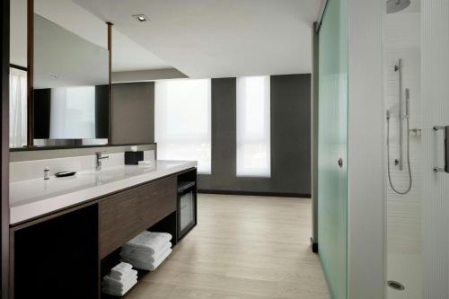 a bathroom with a sink and a shower at AC Hotel by Marriott Burlington in Burlington