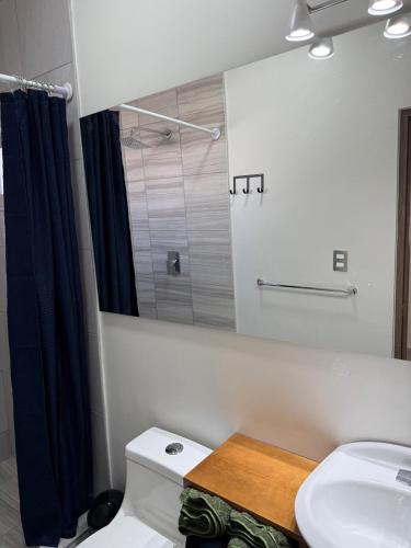 a bathroom with a toilet and a sink and a mirror at Modern House with Mini-Splits in Chihuahua