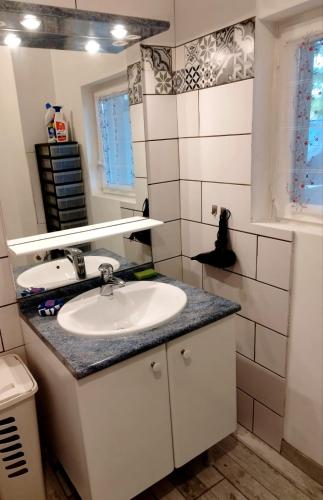 a bathroom with a sink and a mirror at les lauriers in Saint-Sernin