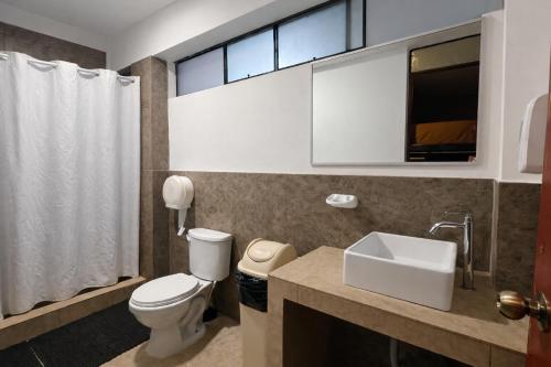 a bathroom with a toilet and a sink and a window at Wild Rover Huacachina in Ica