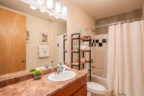 a bathroom with a sink and a toilet and a shower at Skyline Loft Studio w City Views in Phoenix
