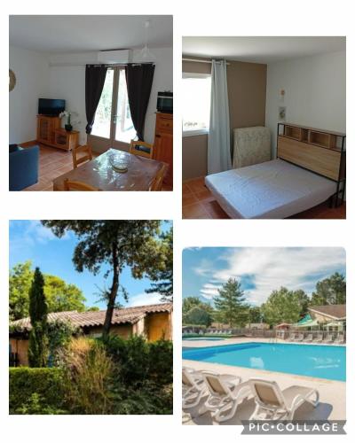 a collage of pictures of a villa with a swimming pool at Maison dans village de vacances 5 pers climatisé piscine in Gaujac