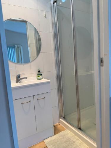 a bathroom with a shower and a sink and a mirror at Lilys guest house in Auckland
