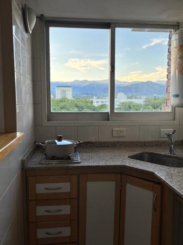 a kitchen counter with a window and a sink at La Plaza Apart in Mendoza