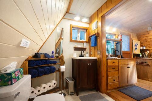 a small bathroom with a toilet and a sink at Serenity A Frame in Ashford