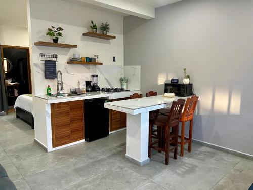 a kitchen with a sink and a counter with chairs at Departamento la estación Tequila in Tequila