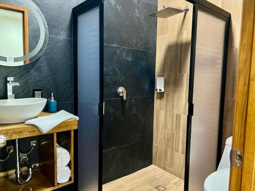 a bathroom with a shower and a sink at Departamento la estación Tequila in Tequila