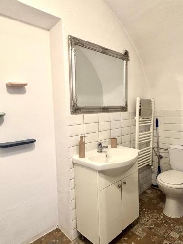 a bathroom with a sink and a toilet at Roxen Central Studio Sibiu in Sibiu