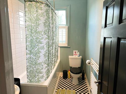 a bathroom with a toilet and a shower curtain at Wimbledon Area Apartment in Raynes Park