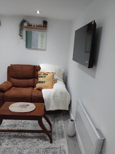 a living room with a couch and a tv at Cosy studio flat with free wifi and free parking in Killingbeck
