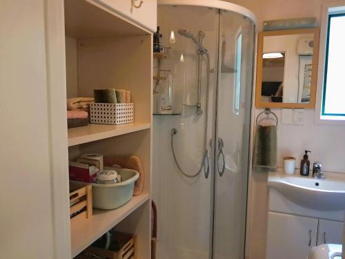 a bathroom with a shower and a sink at Manukorihi Sweet Guesthouse in Waitara