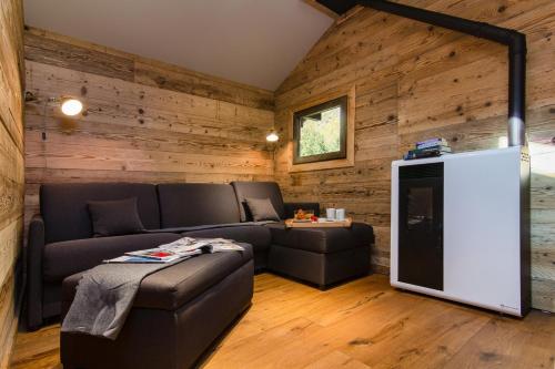 a living room with a couch and a tv at Mazot du Mont-Blanc w/View, Terrace & Stove, (Sleeps 4) - Happy Rentals in Chamonix