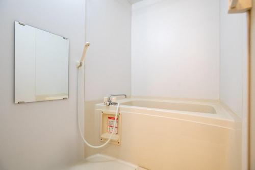 a bathroom with a bath tub and a mirror at Best Residence Kujo in Osaka