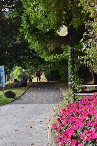 a person walking down a path in a park with pink flowers at Apart Erica in Comano Terme