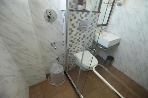 a bathroom with a shower with a toilet and a sink at Grand Cascade Chennai in Chennai