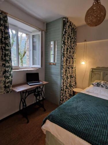 a bedroom with a bed and a desk with a laptop at Le gîte d'alfred in Prades