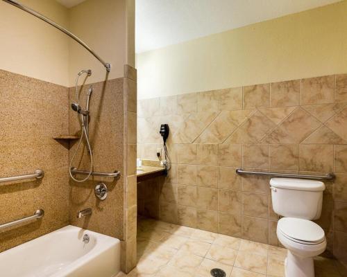 a bathroom with a toilet and a bath tub at Comfort Suites near NASA - Clear Lake in Webster