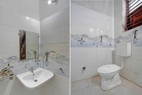 two pictures of a bathroom with a toilet and a sink at FabHotel Sandalwood Vibes in Bhopal