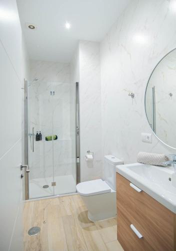 a bathroom with a shower and a toilet and a sink at Apartamento Terra in Benajarafe