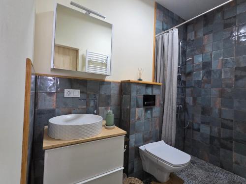 a bathroom with a sink and a toilet and a mirror at Arashenda nest in Arashenda