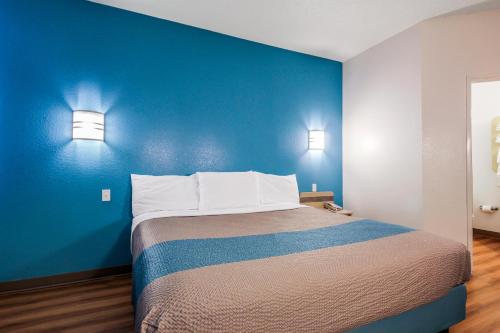 a bedroom with a bed with a blue wall at Motel 6 New Braunfels in New Braunfels