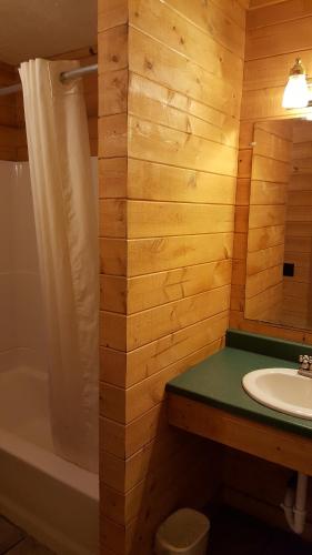 a bathroom with a sink and a toilet and a tub at Emerald Forest Cabins in Trinidad