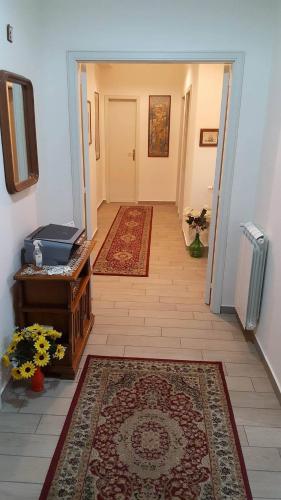 a hallway with two rugs on the floor and a door at B&b Irma in Olivarella