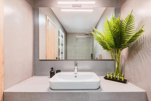 a bathroom sink with a plant and a mirror at Thea Villas in Makry Gialos