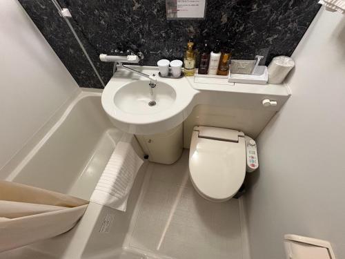 a bathroom with a sink and a toilet and a bath tub at HOTEL LiVEMAX Himeji Ekimae in Himeji