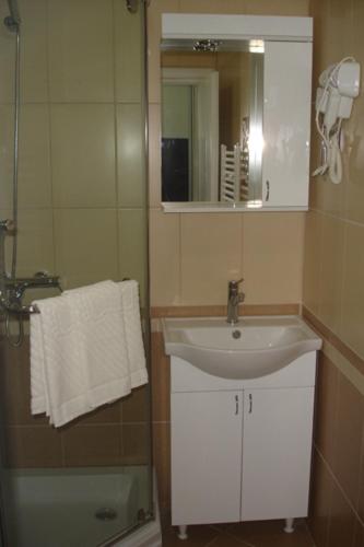 a bathroom with a sink and a mirror at Hotel Scorpion in Kruševo