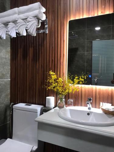 a bathroom with a sink and a toilet and a mirror at Cozy 86 Homestay in Can Tho