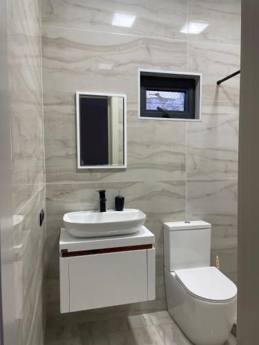 a bathroom with a sink and a toilet and a mirror at Home Kodjori in Kojori
