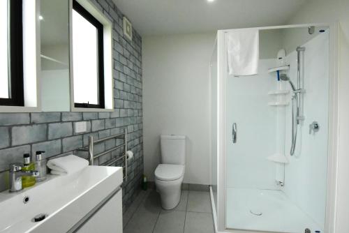 a bathroom with a toilet and a shower and a sink at Serene Star in Lake Tekapo