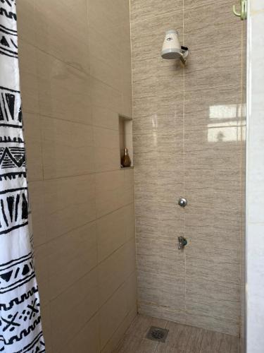 a shower in a bathroom with a glass door at Modern Airport Studio apartment 5 mins to JKIA &SGR,Fast Wi-Fi,Ideal for layovers and longstays in Nairobi