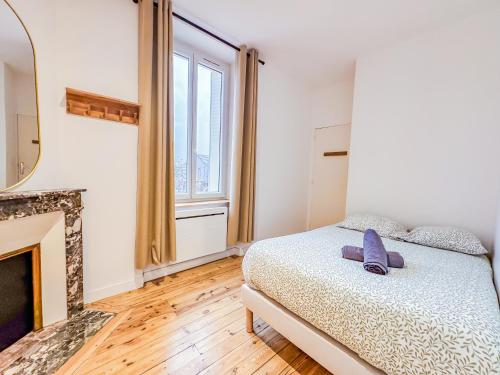 a bedroom with a bed and a fireplace at Grand appartement avec jacuzzi et jardin in Clermont-Ferrand