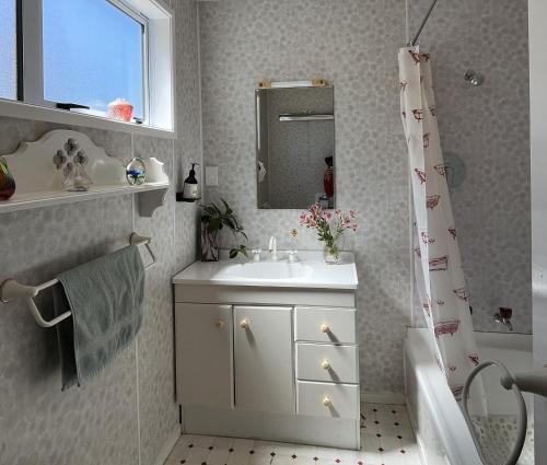 a bathroom with a white sink and a mirror at Charming homely Cherry Villa B&B with a panorama view in Paraparaumu