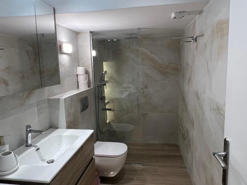 a bathroom with a sink and a toilet and a shower at Urban art House in Eleusis