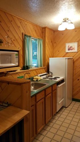 a kitchen with a stove and a refrigerator and a sink at Emerald Forest Cabins in Trinidad