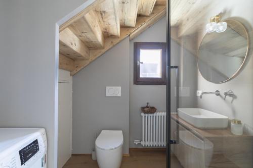 a bathroom with a sink and a toilet and a mirror at Ciasa Remo 2 by WelcHome in San Vito di Cadore