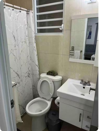 een badkamer met een wit toilet en een wastafel bij Shalex House in Carolina