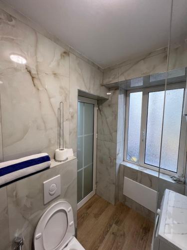a bathroom with a toilet and a shower and a window at E&B Cosy Apartment 6 in Tirana